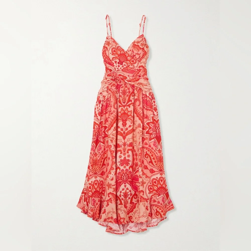 NWOT Farm Rio Red Jaipur Ruched Printed Linen Maxi Dress, Size XS - Picture 2 of 4
